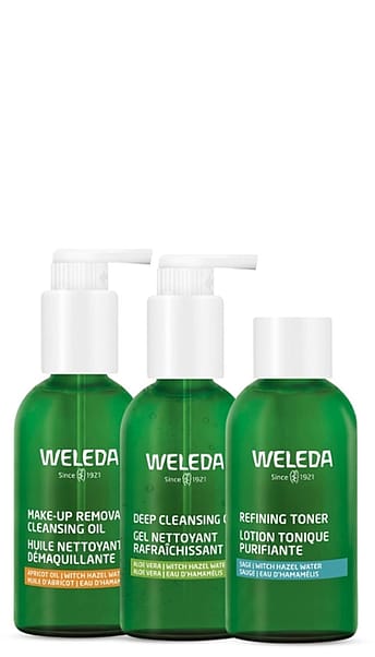 Cleanse Tone Routine Set, contents Make Up Cleansing Oil and Deep Cleansing Oil in a pumnp bottle and Refining Toner in a bottle.