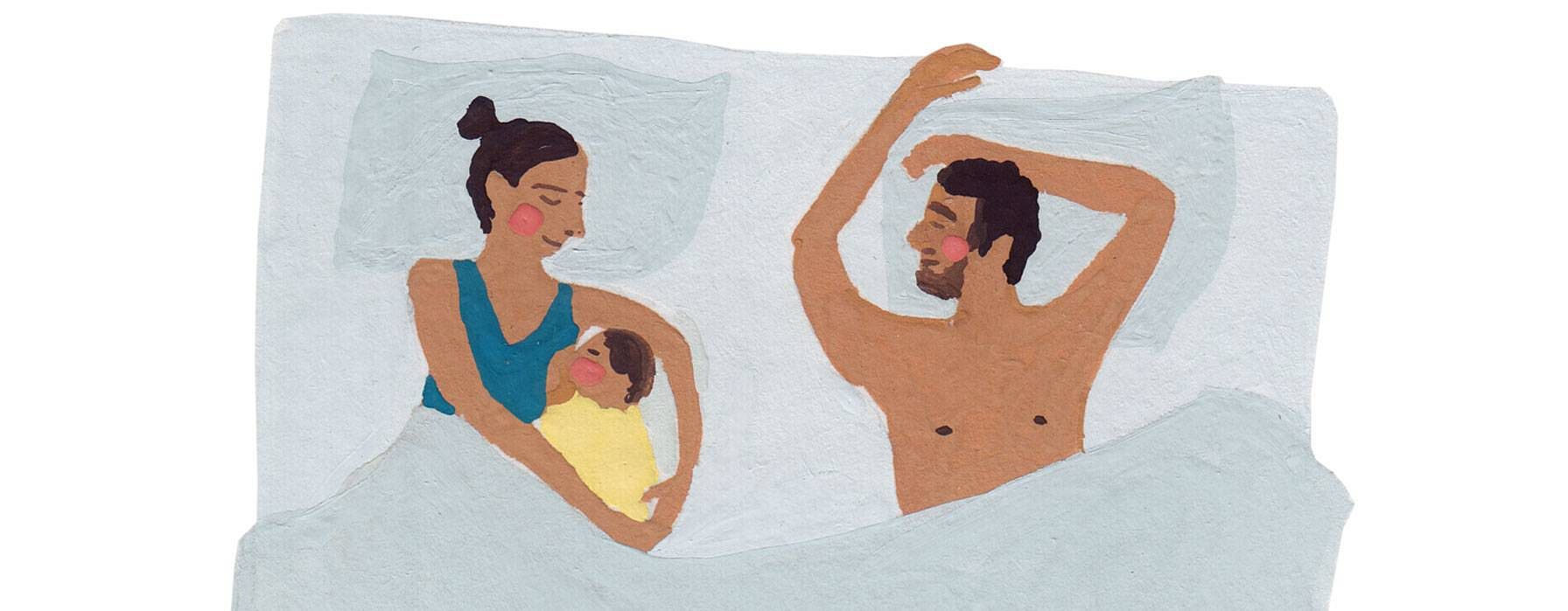 Drawing of woman, baby and man in bed sleeping.
