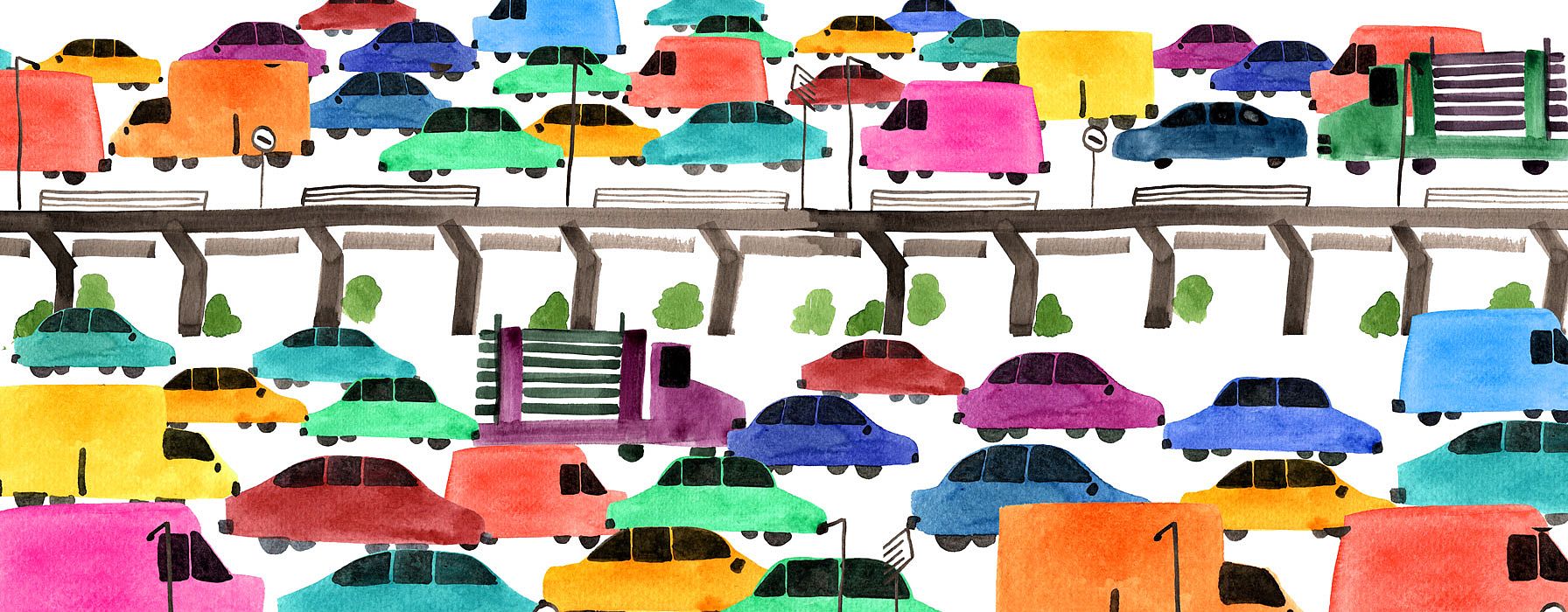 Diagram of colourful cars in a traffic jam.