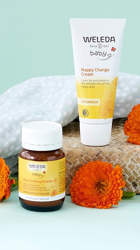 Baby Teething Powder and Calendula Nappy Change Cream next to orange flowers.