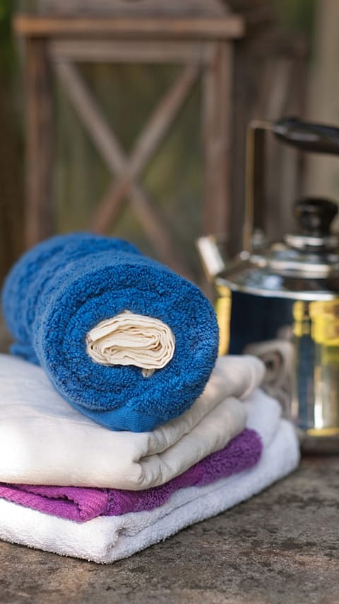 Roleld blue towel.