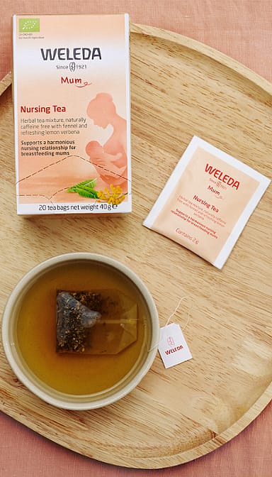 Weleda nursing tea sachet and cup of tea.