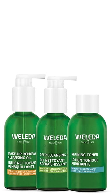 Cleanse Tone Routine Set, contents Make Up Cleansing Oil and Deep Cleansing Oil in a pumnp bottle and Refining Toner in a bottle.