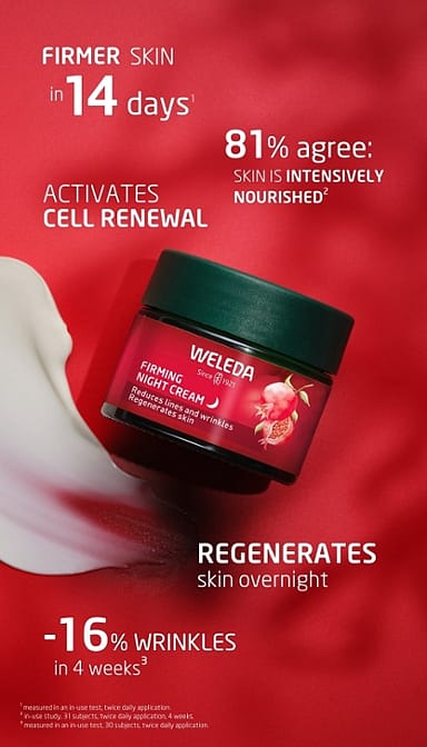 Firming night cream jar with cream texture swatch surrounded by efficacy data.