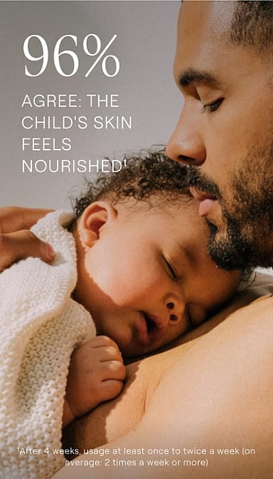Baby is laying on fathers breast with text.