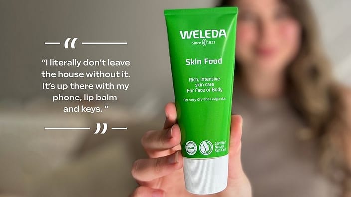 Woman holding Skin Food Origanal with review text 