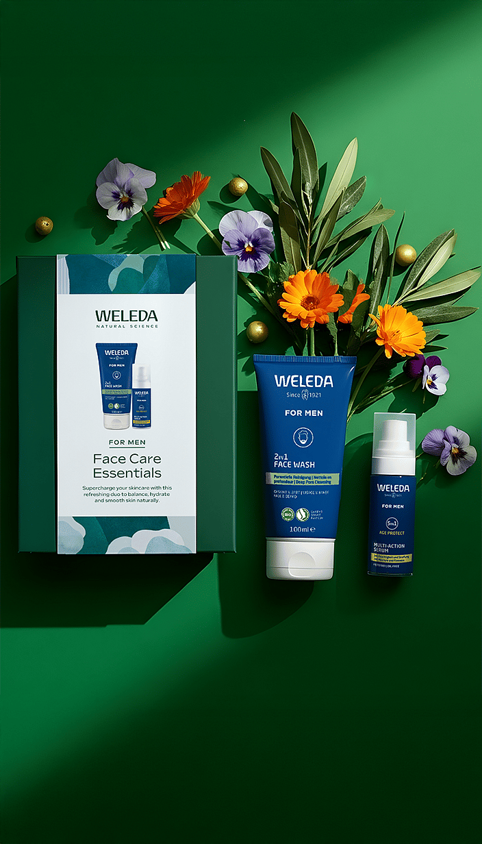 For Men Face Care Essentials Gift Set on green surrounded by background calendula and viola flowers