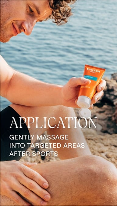 man applying Arnica Sport Cooling Gel to his legs with text.