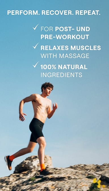 shirtless man running on rocky terrain with text.
