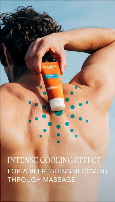 man holding Weleda Sport Cooling Gel against his back and text.