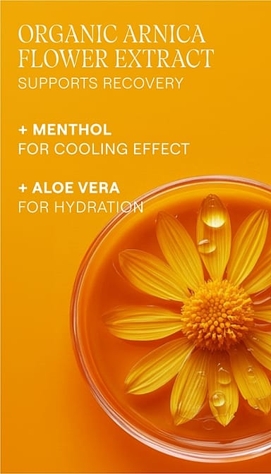 Arnica flower in petri dish against orange background and text.