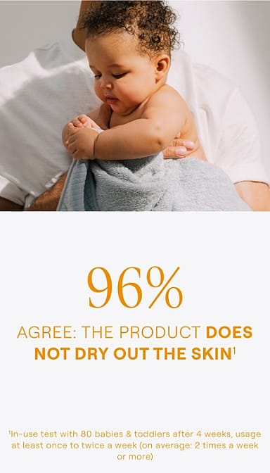 Baby wrappped in a towel hold by father with text.