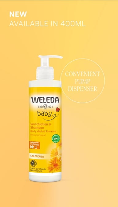 Calendula Baby Shampoo Body Wash new size 400ml against orange background.