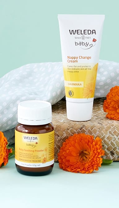 Calendula Nappy Change Cream and Baby Teething Powder next to orangle flowers.