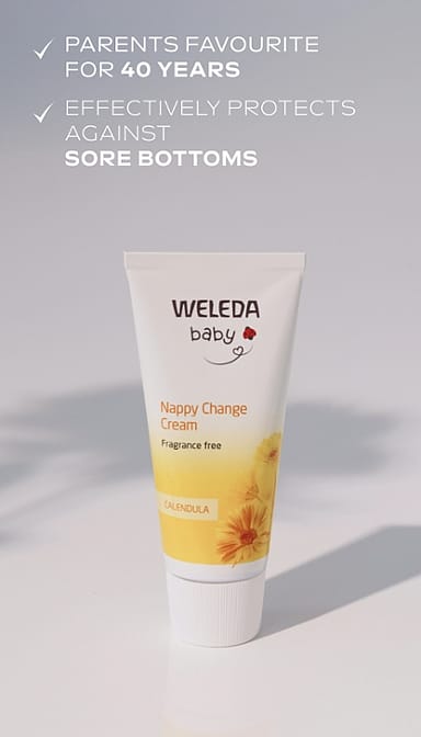 Calendula nappy change cream fragrance free tube on grey background and text