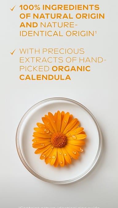 Calendula flower in a petri dish and Calendula nappy change cream fragrance free ingredients text.