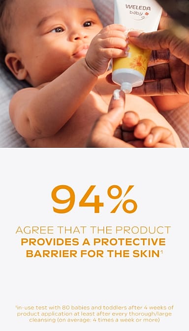 Dark skin baby lying donw and holding the Calendula nappy change cream fragrance free tube and mother adding to her finger.
