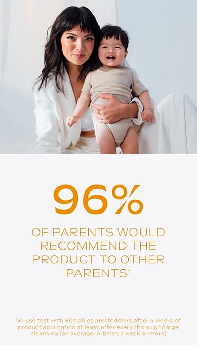 Asian mother crouching down with her toddler son and Calendula nappy change cream fragrance free text.