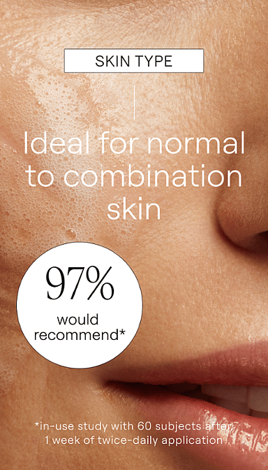 Woman's face with Deep Cleansing Gel on her face and text for normal to combination skin.