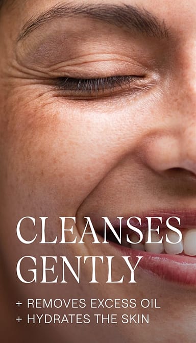 Smiling young woman with her eyes closed and text for Deep Cleansing Gel benefits.