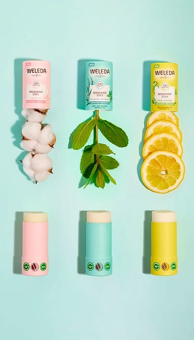 Deodorant Stick Citrus-Bergamot, Eucalyptus-Peppermint and sensitive opened with peppermint leaves, slices of lemon and almond blossoms.
