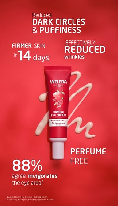 Firming eye cream tube with cream texture swatch surrounded by efficacy data.