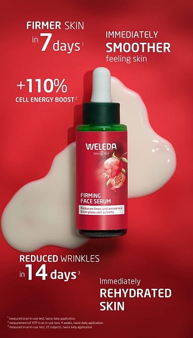 Firming face serum bottle with serum texture swatch surrounded by efficacy data.