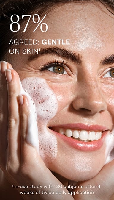 Young woman with Gentle Cleansing Foam on her face and benefits text.