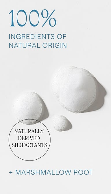 Gentle Cleansing Foam texture on grey background with ingredients and benefits text.