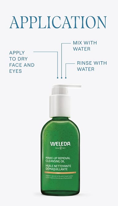 Make-up Removal Cleansing Oil bottle with application text.