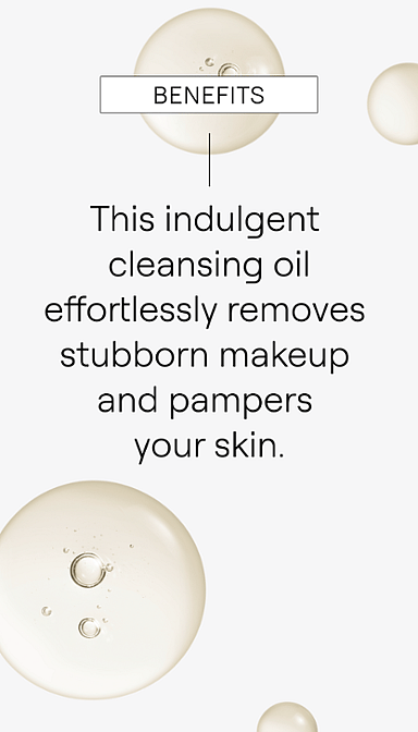 Make-up Removal Cleansing Oil droplets texture with benefits text.