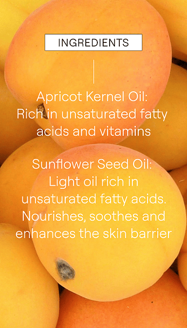 Orange apricots with text of the Make-up Removal Cleansing Oil key ingredients.