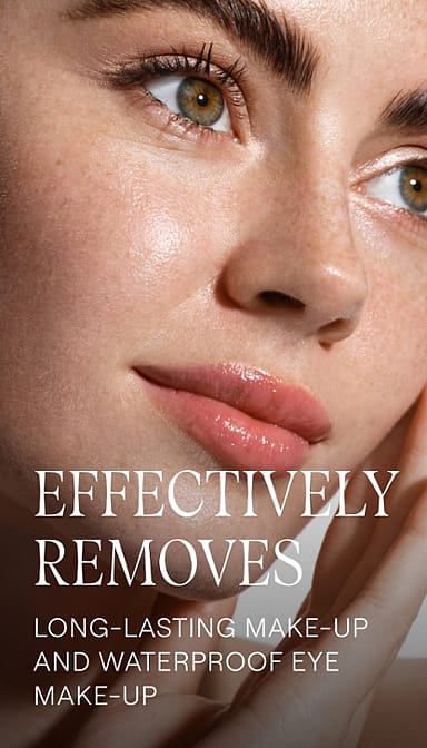 Young woman's face with Make-up Removal Cleansing Oil benefits text.