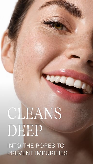 woman smiling, purifying gel cleanser Cleans deep