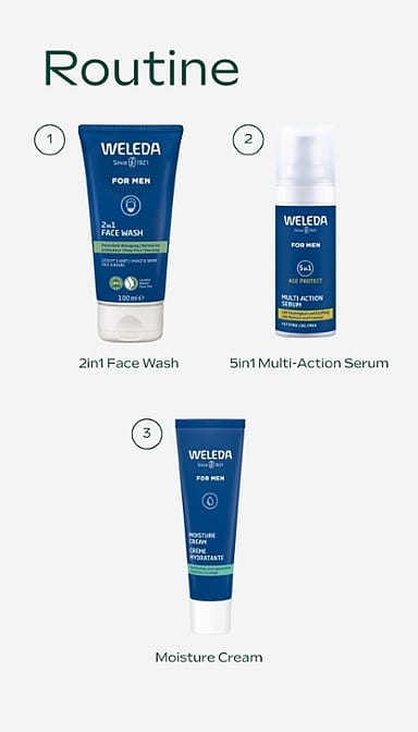 Men's face care cleansing and mositurising skincare routine.