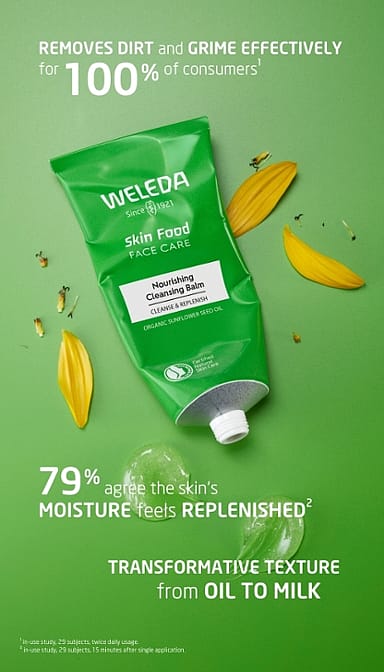 Squeezed Skin Food Nourishing Cleansing Balm and texture surrounded by text with benefits.