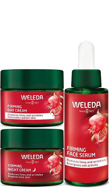 Pomegranate Face Care Day-Night Set with Firming Day-and Night Creme in a Jar and Firming Face Serum in a Dropper Bottle.