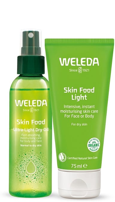 Skin Food light Nourish Glow Gift Set; Skin Food Ultra light dry Oil in a pump bottle and Skin Food Light Cream in a Tube.