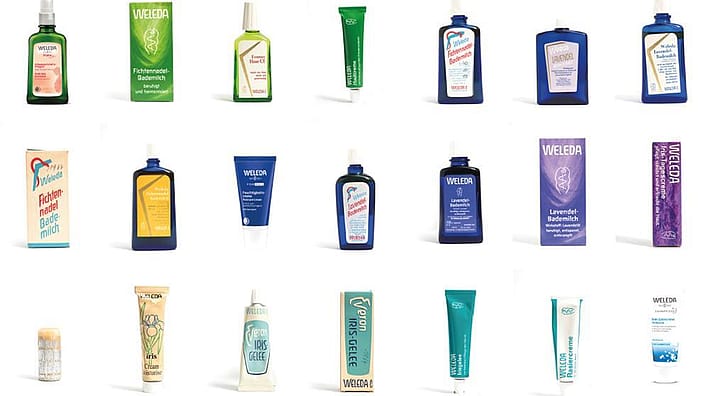 Historical images of Weleda product packaging