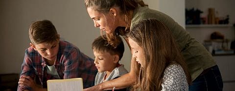 mother with three kids into something.