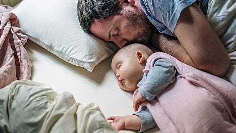 Family lying in bed