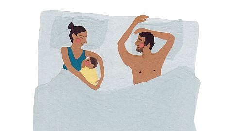 Drawing of woman, baby and man in bed sleeping.