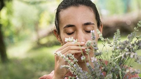 Girl smelling flowers.