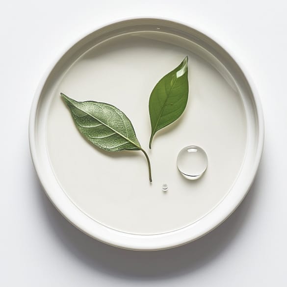 Leaves of white tea floating in water on a plate.