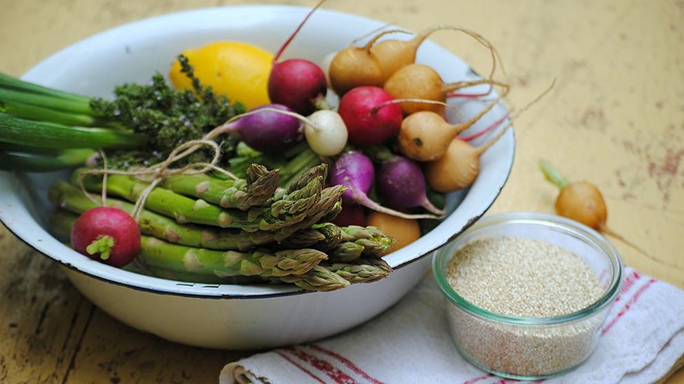 A healthy food bowl with plenty of fruit and vegetables