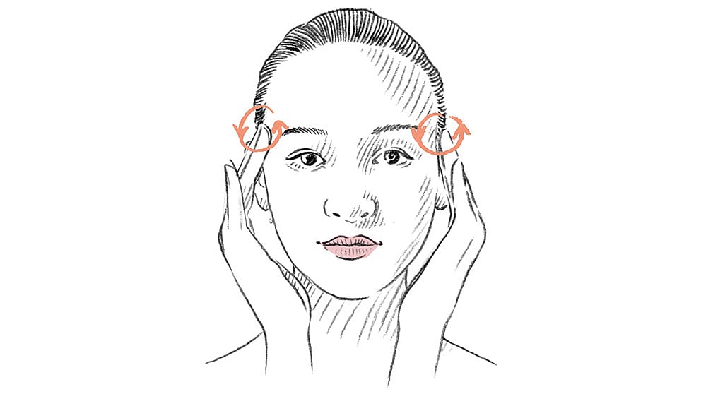 Facial massage drawing with arrows creating circles around the temples of the head.