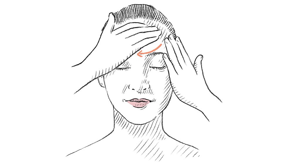 Facial massage drawing with arrows pointing away and across from forehead.
