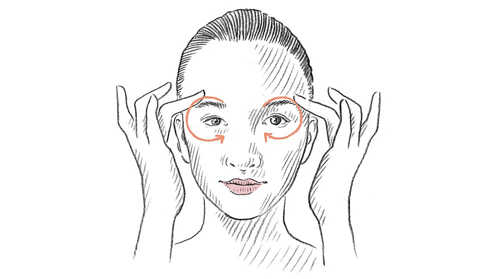 Facial massage drawing with arrows creating circles around the eyes and eyeborws.