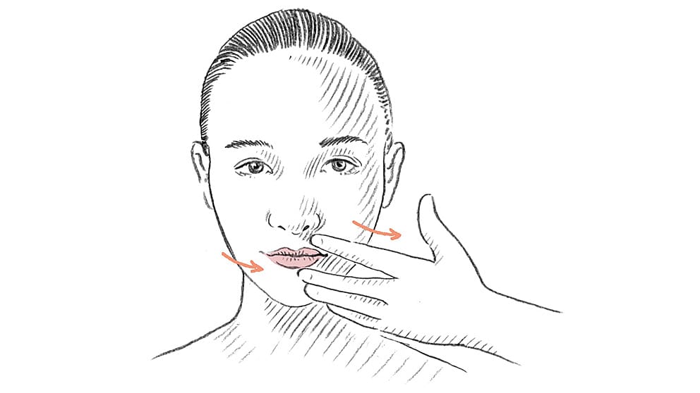 Facial massage drawing with arrows to glide over the mouth area.