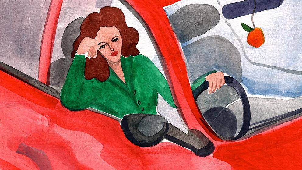 Painting of woman in car looking annoyed.